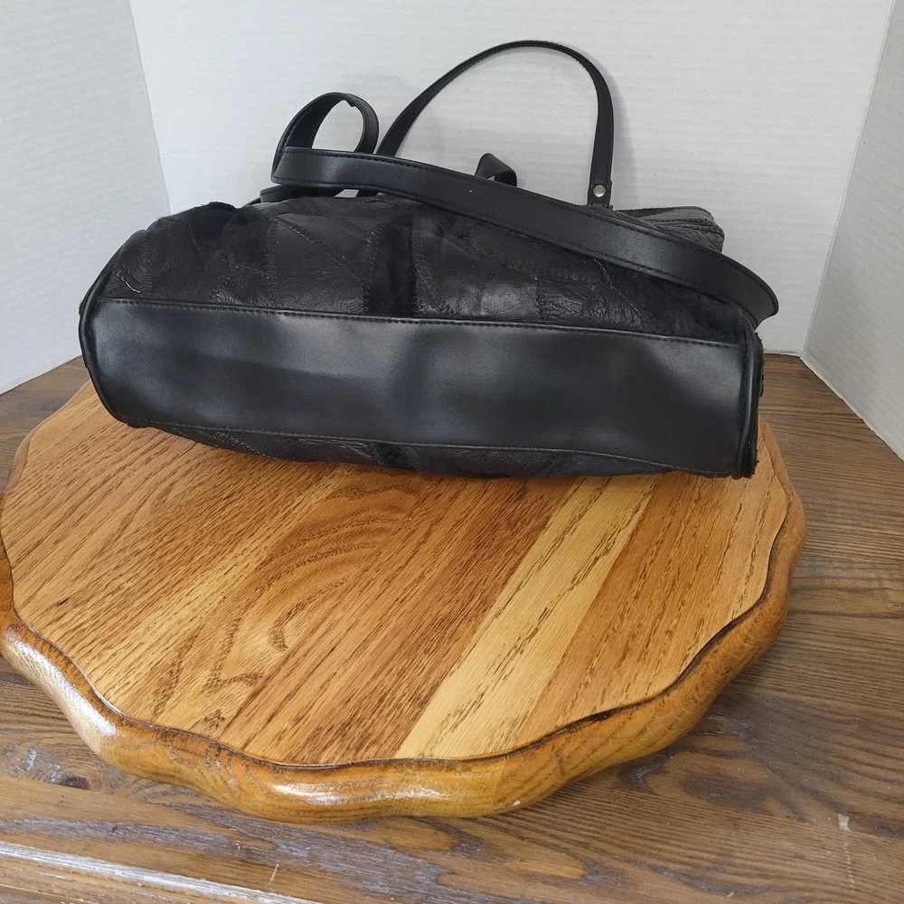 VTG Black Leather Patchwork Purse Shoulder Bag Handbag Hippie‎ Boho